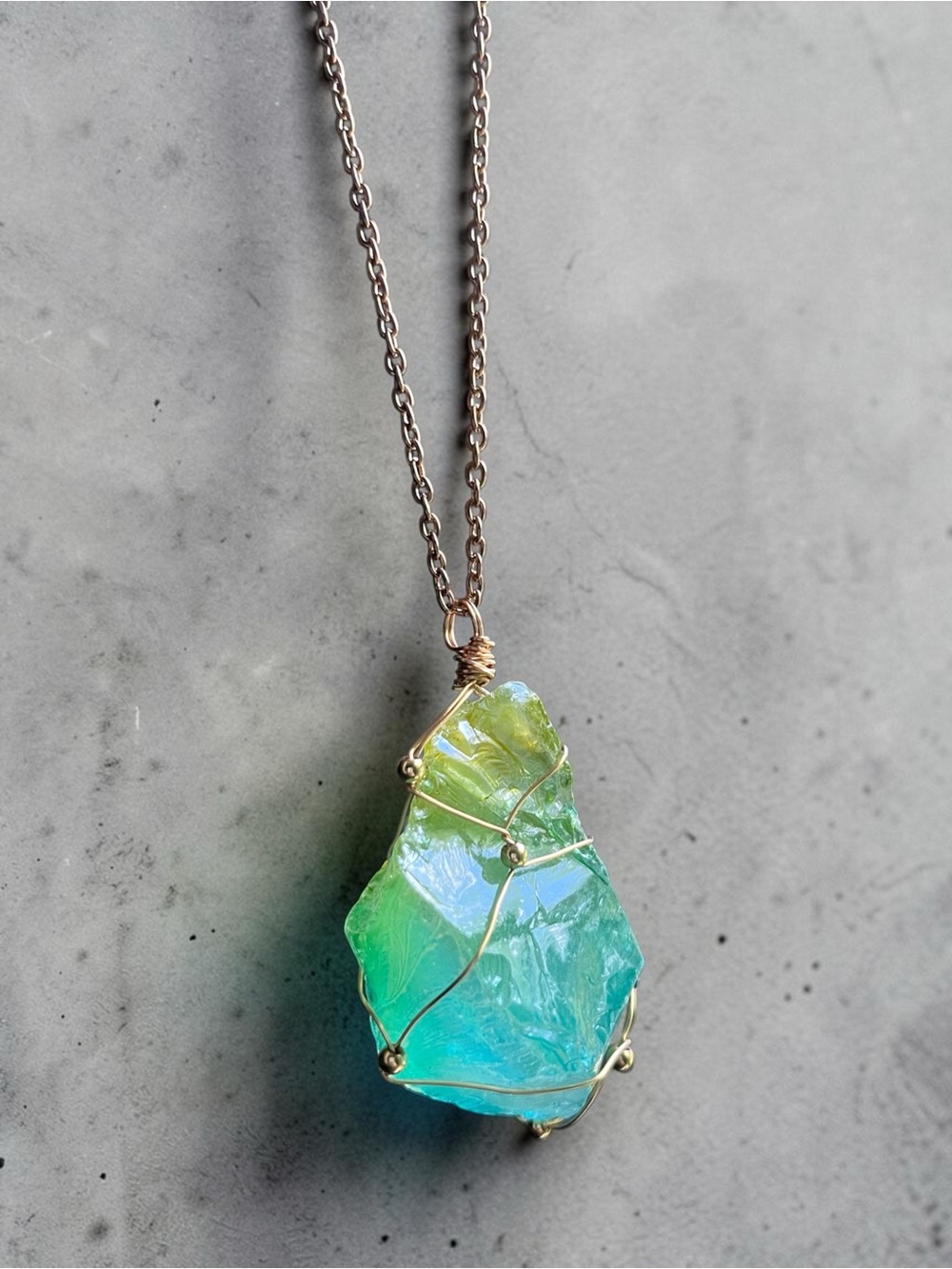 DYED QUARTZ raw cut wire wrapped natural stone pendant necklace gold chain NEW
